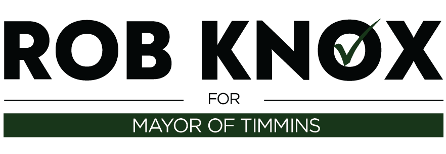 Team Steve Black Black text reads "ROB KNOX" with a checkmark in the "O", above "FOR MAYOR OF TIMMINS" in white on a green background, separated by a green line. Liberals Canada Politics